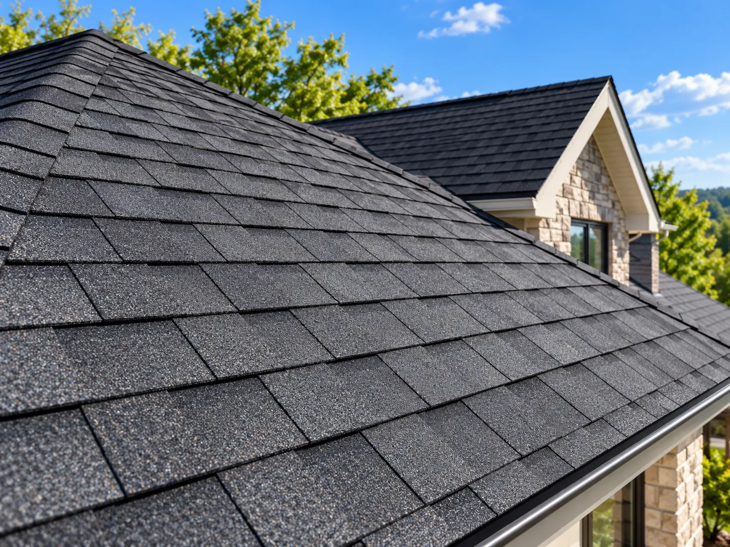 Close-up view of dark architectural asphalt shingles showing dimensional laminated construction