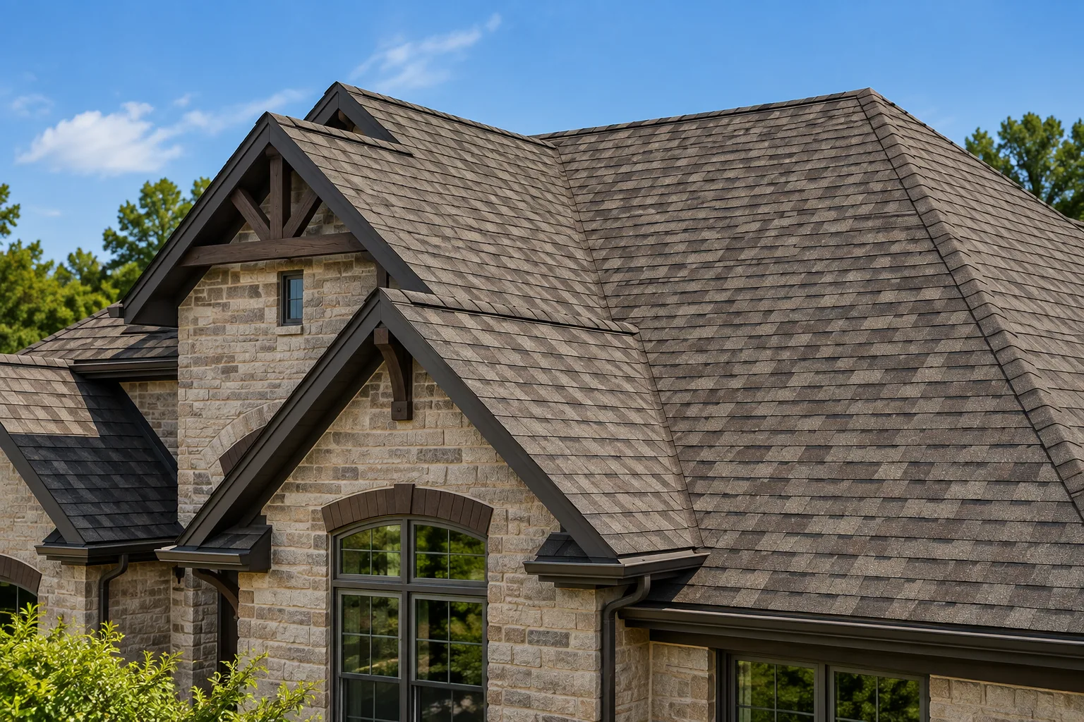 Premium weathered wood architectural asphalt shingle roof on a large home