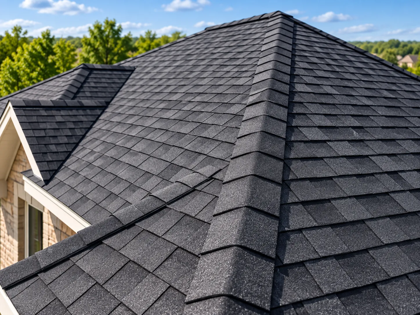 Detailed architectural asphalt shingle roof with hip and ridge cap installation