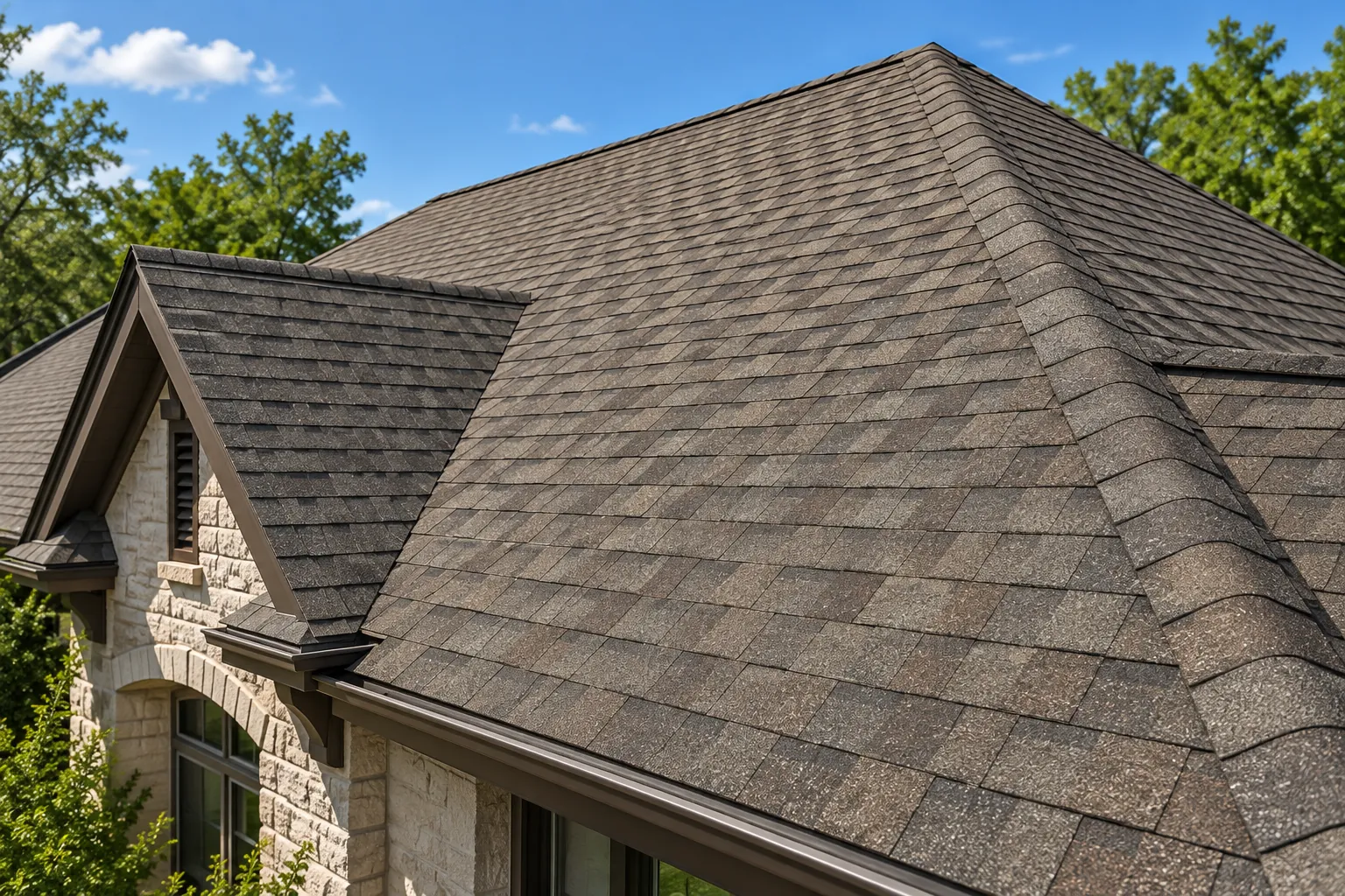 Weathered wood color architectural asphalt shingles on a North Texas style home
