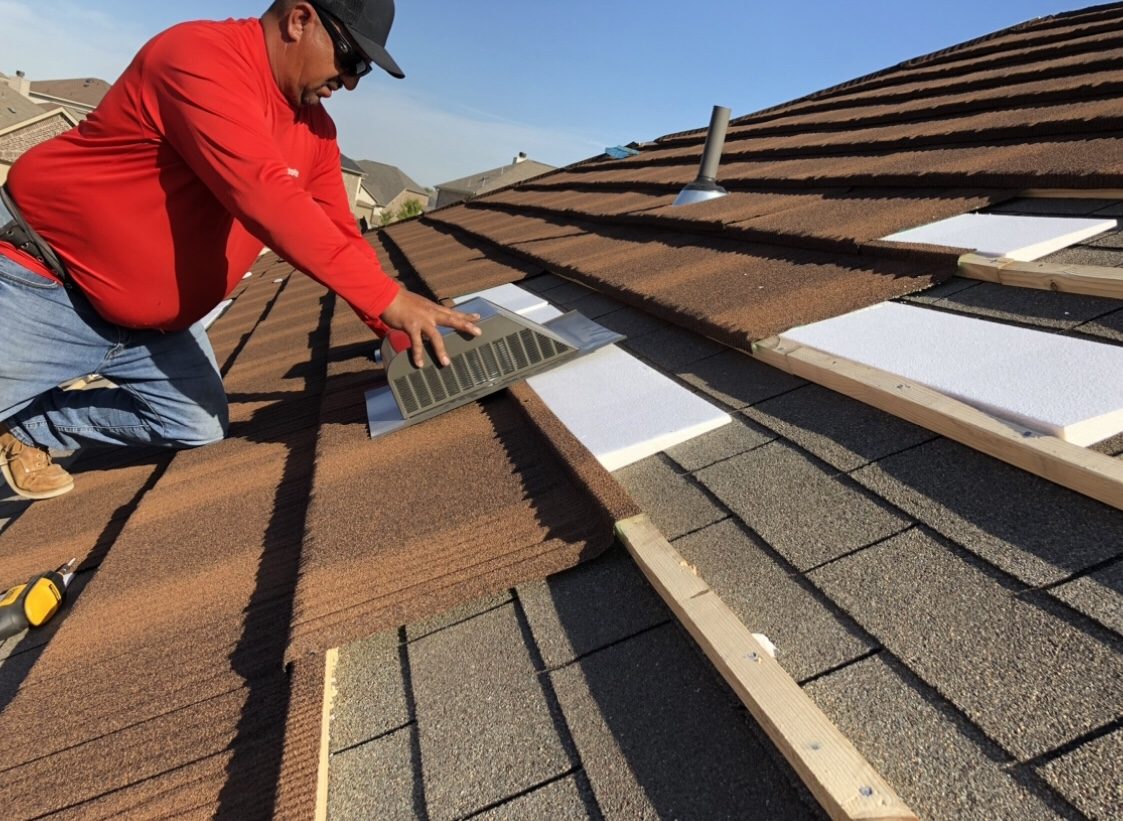 Stone-coated steel roof installation showing battens, foam inserts and metal panels