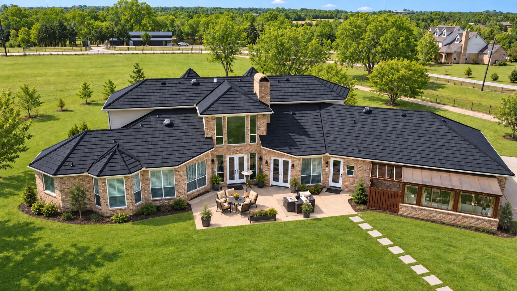 North Texas home with dark stone-coated steel roofing installed by Alliance Metal Roofing